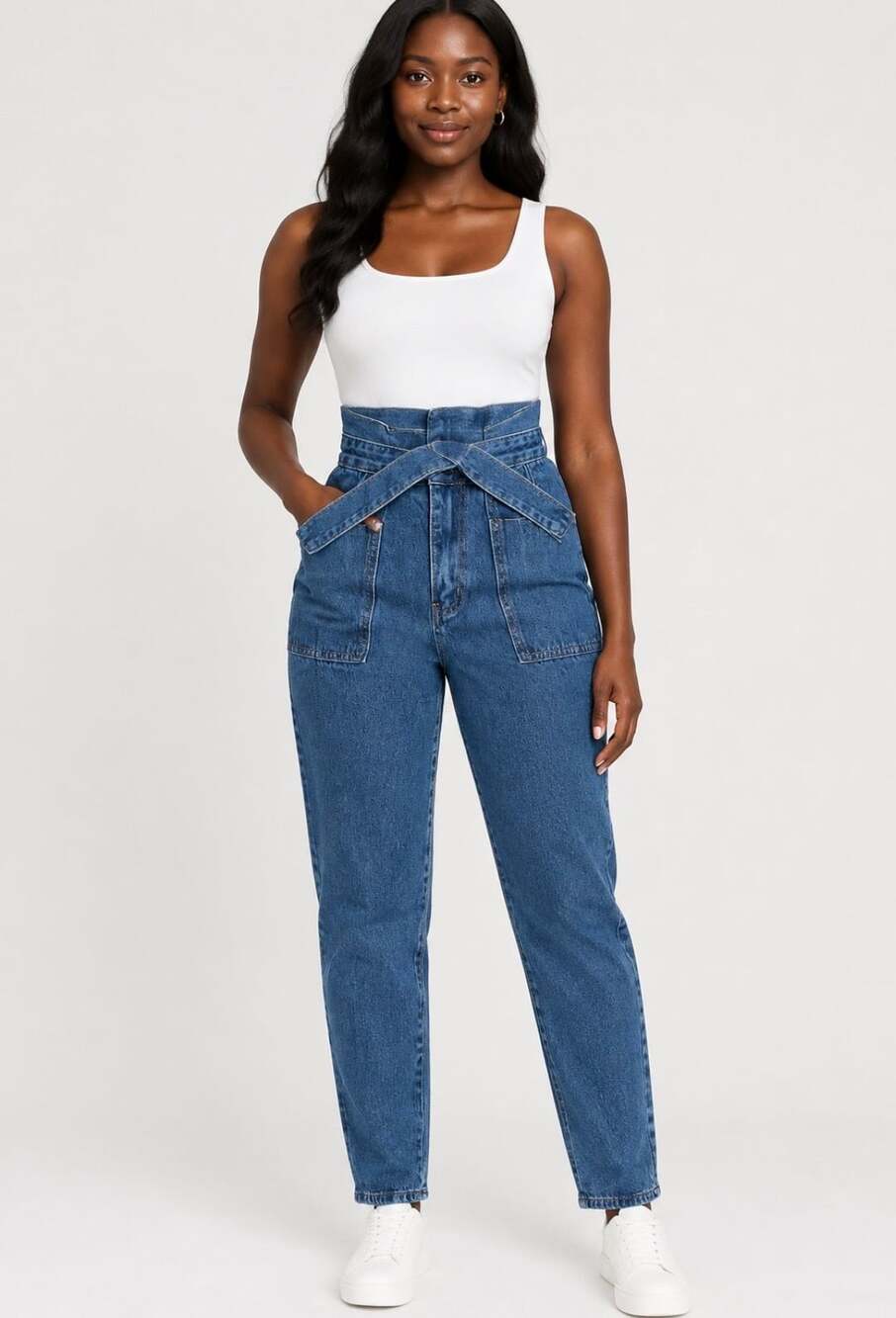 Shein High Waist Belted Jeans Blue Denim